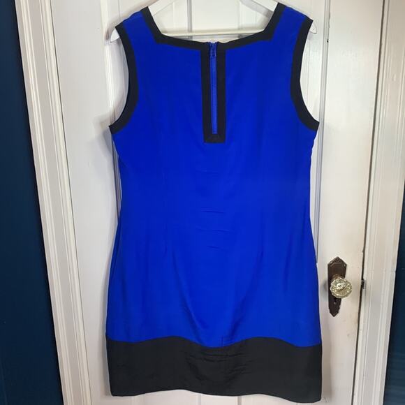 Saks 5th Avenue Blue Colorblock 100% Silk Shift MIDI Sleeveless Dress W-674 Sz L - Picture 7 of 8